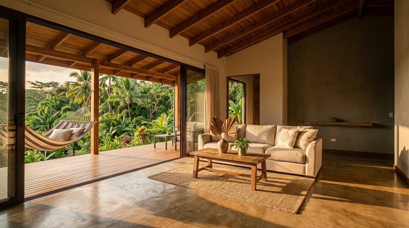 Sala amueblada con terraza y hamaca frente a la selva